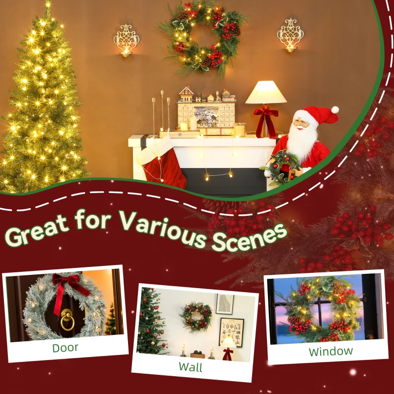 HOMCOM Ghirlandă de Crăciun de 60 cm cu Lumini Albe, Conuri de Pin, Boabe și Lederă