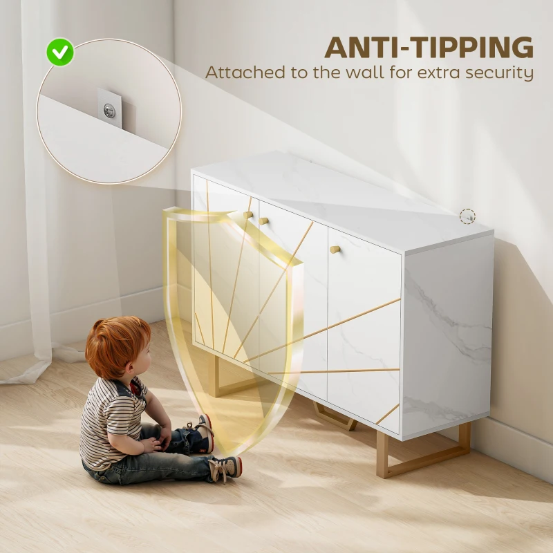 HOMCOM Sideboard Storage Cabinet, Modern Storage Cupboard with Adjustable Shelves and Metal Legs for Living Room, Kitchen, Dining Room, Entryway, White Marble Tone