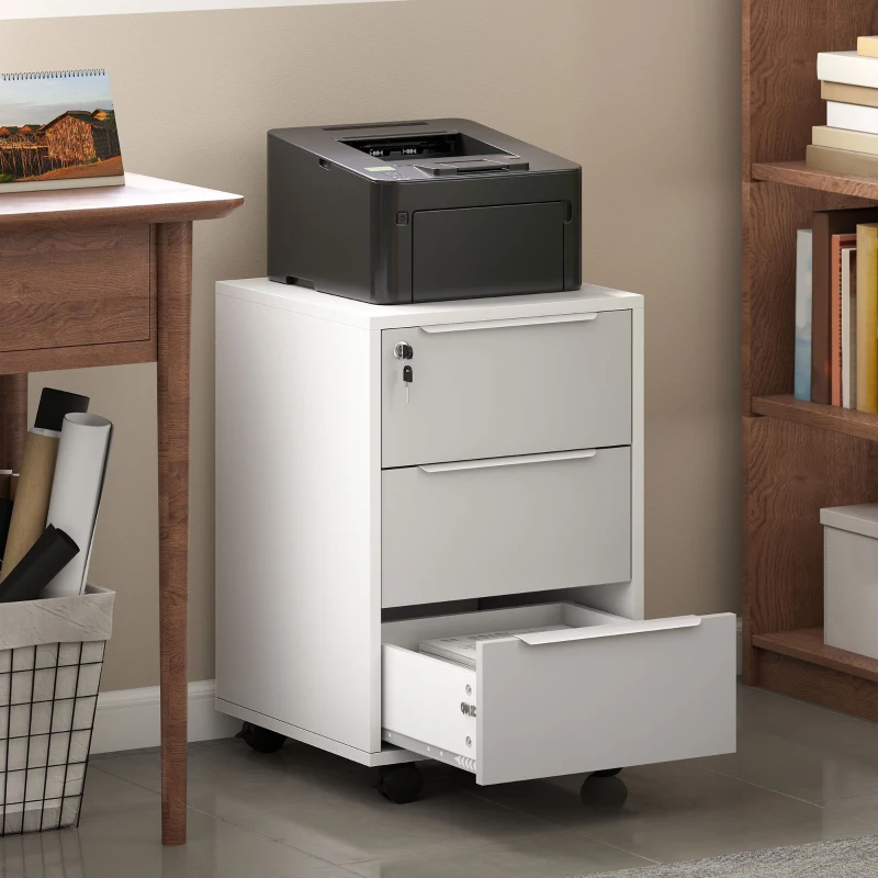 HOMCOM Schedario per Ufficio a 3 Cassetti con Chiavi di Sicurezza e 4 Ruote, in Legno, 40x40x63.5 cm, Bianco e Grigio