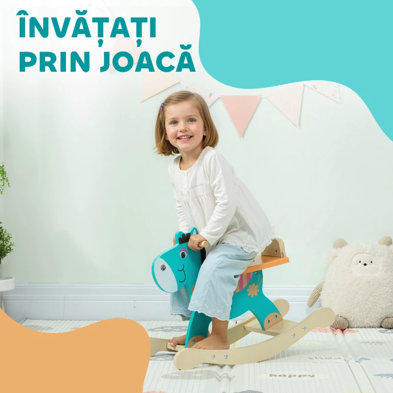 AIYAPLAY Cal de Lemn în Formă de Măgar pentru Copii cu Bază Largă, din Lemn, 59x27x43 cm, Verde Închis și Portocaliu