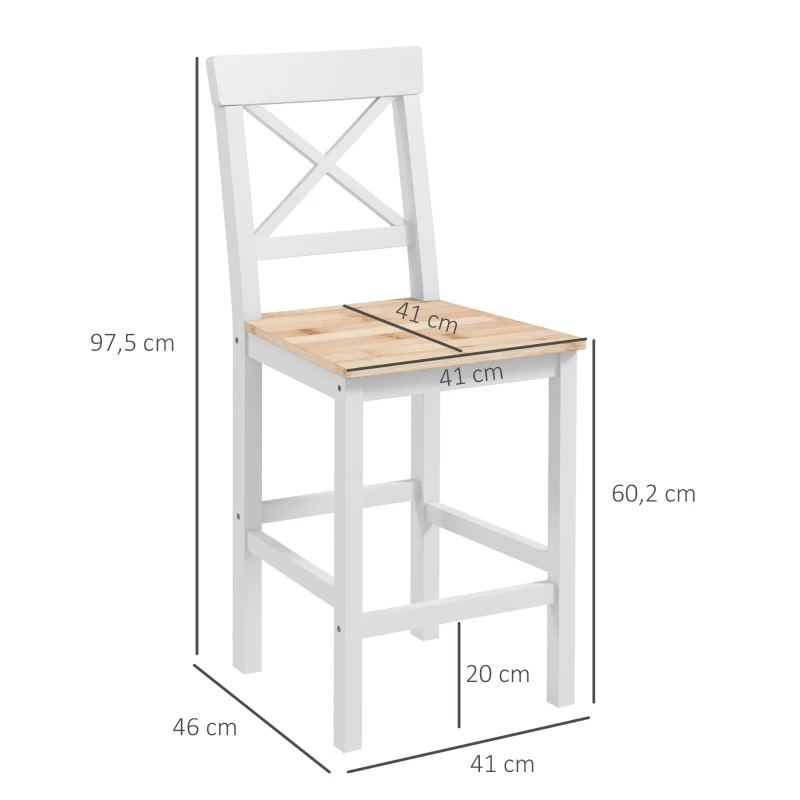 HOMCOM Lot de 2 tabourets de bar, chaises hautes campagne, dossier haut et repose-pieds, 41x46x97,5cm, blanc et bois naturel