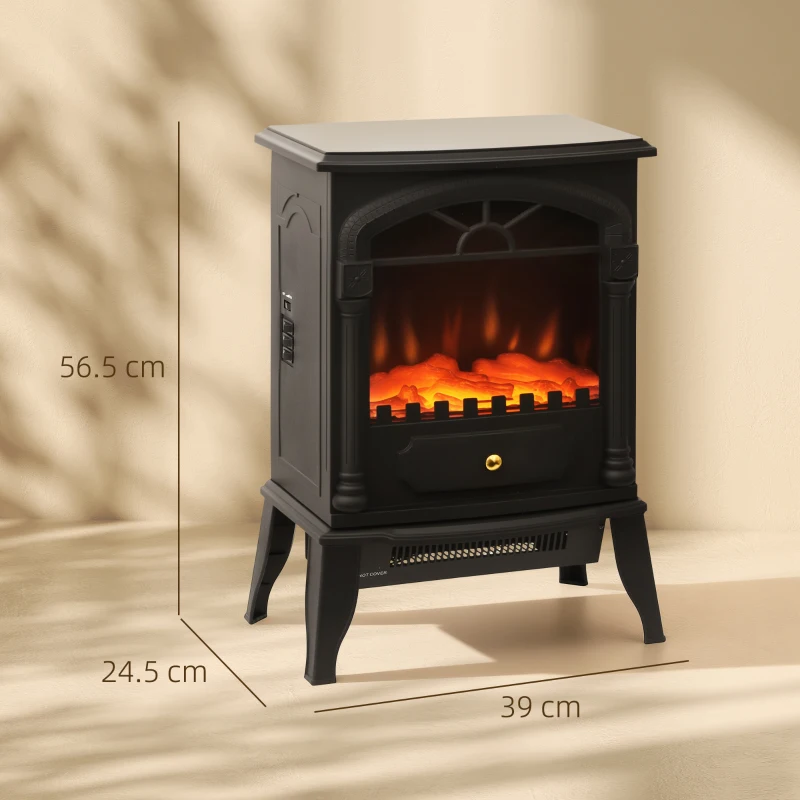 HOMCOM Electric Fireplace Stove Heater with 3D Flame Effect, 2000W/1000W, Freestanding Portable Fireplace with Adjustable Thermostat, 2 Heat Settings for Living Room, Black