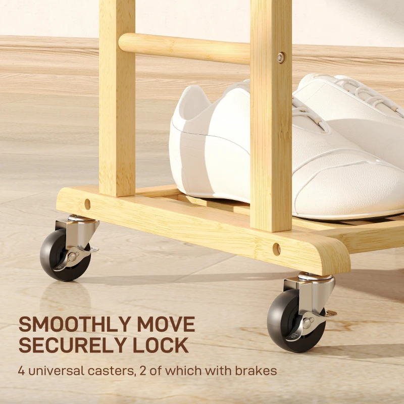 HOMCOM Suport de haine 4 în 1 pe roți din lemn de bambus, 47x33.7x105.5 cm