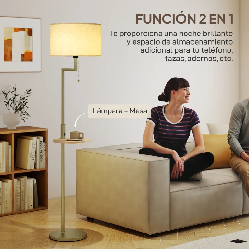 HOMCOM Lámpara de Pie Moderna con Estante Pantalla de Lino Interruptor de Cadena y Puerto USB Ø40x170 cm para Salón Dorado