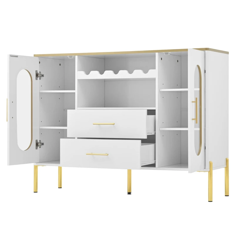 Credenza con ante in vetro, portabottiglie e ampio spazio di stoccaggio, 120x38x90 cm, Bianco