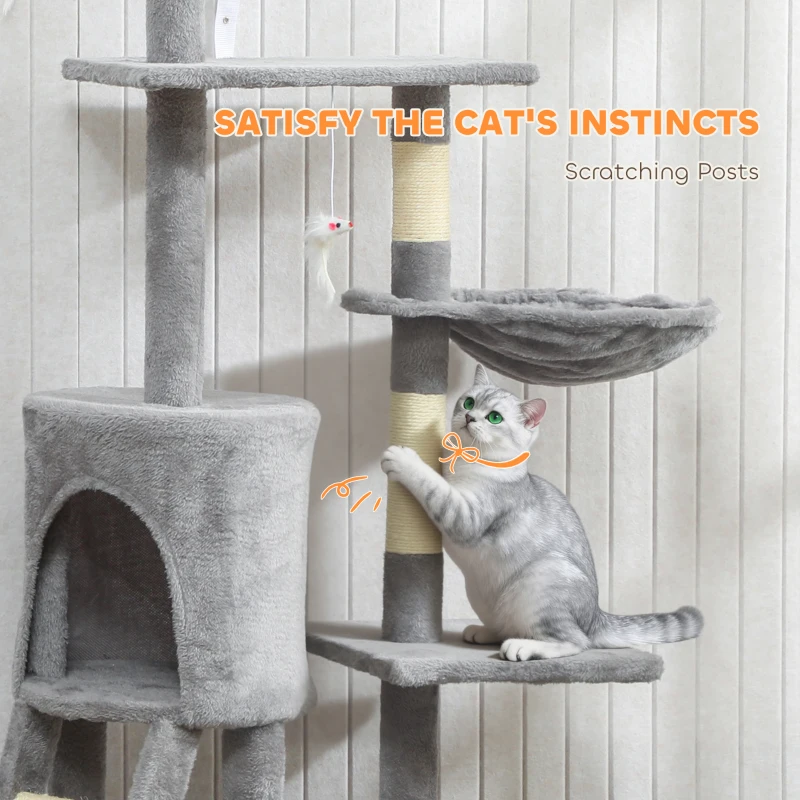 PawHut Multi-Level Cat Tower, 134cm Cat Tree with Condo and Sisal Scratching Posts for Indoor Kittens, Grey