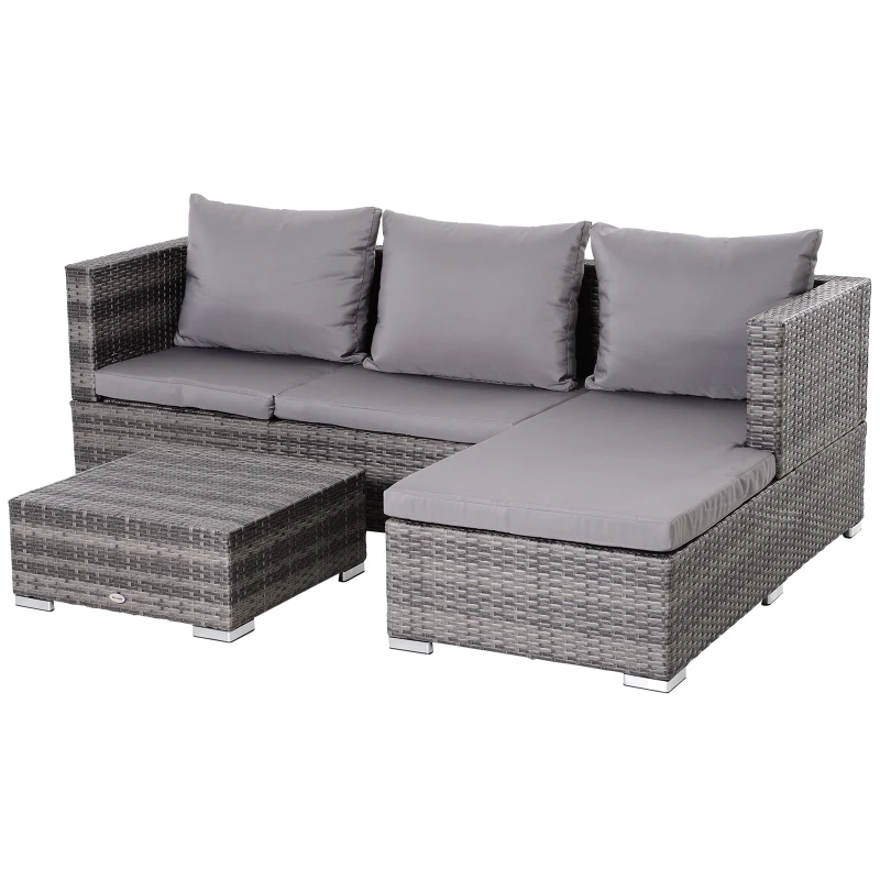 Outsunny 3 Pieces Rattan Garden Furniture Sofa Set, 4 Seater Garden Corner Sofa with 5-Level Reclining Sun Lounger and Storage Coffee Table, Outdoor Furniture Conservatory Set with Cushions, Grey