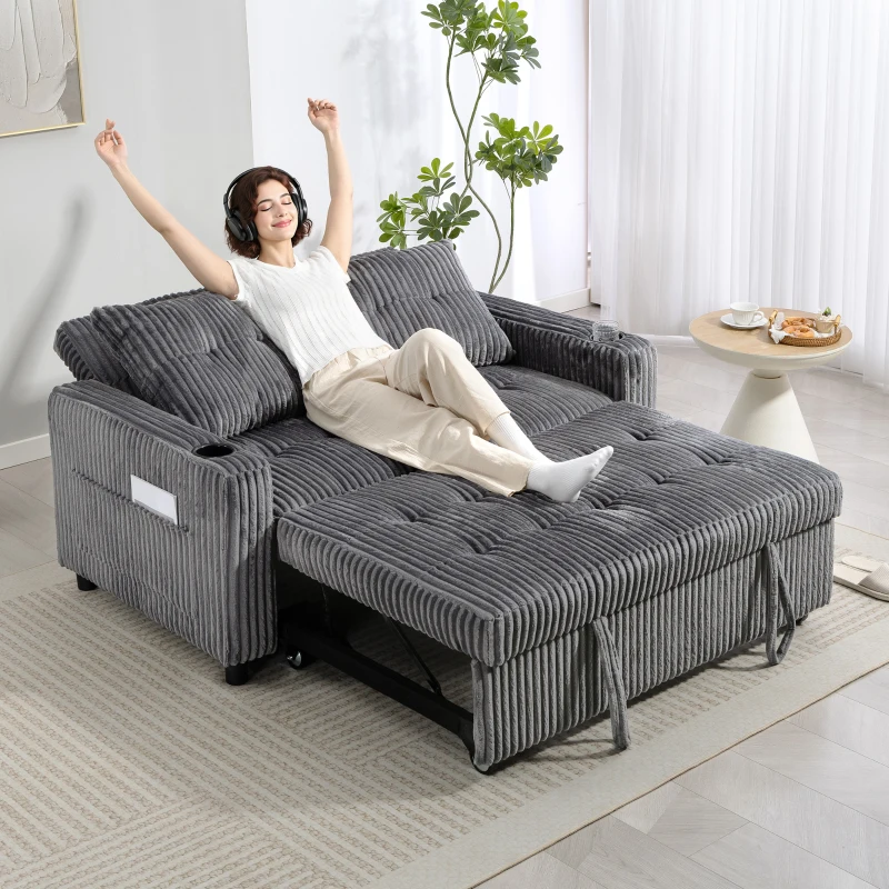 HOMCOM 2 Seater Click Clack Sofa Bed with Pull Out Design, Corduroy Upholstery - Charcoal Grey