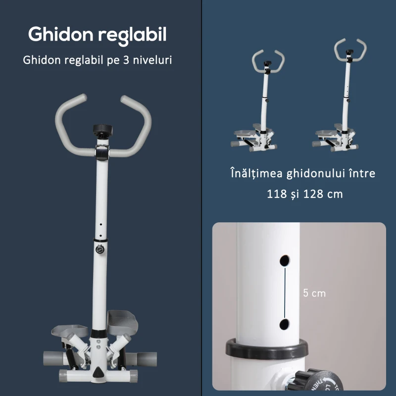 HOMCOM Stepper cu Monitor LCD, Maner Reglabil și Elastice, din Oțel și ABS, Alb și Gri