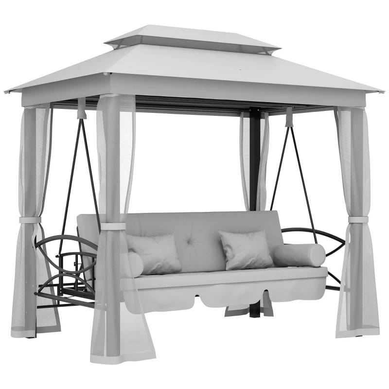 Outsunny 3 Seater Convertible Swing Chair, Outdoor Gazebo Swing Seat Bed with Double Tier Canopy, Cushioned Seat, Mesh Sidewalls, Light Grey