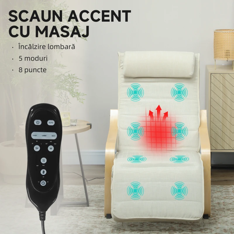 HOMCOM Fotoliu pentru living cu încălzire și suport pentru picioare reglabil Crem Lemn