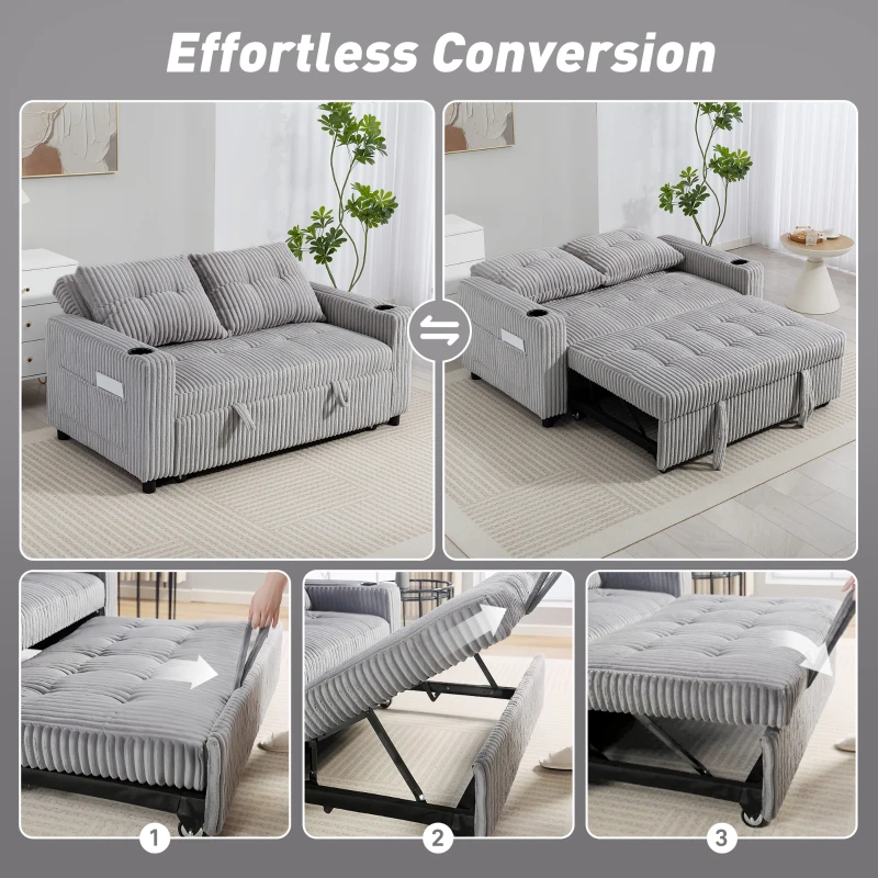 HOMCOM 2 Seater Click Clack Sofa Bed with Pull Out Design, Corduroy Upholstery - Light Grey