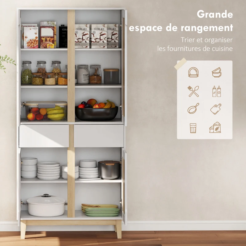 HOMCOM Buffet haut cuisine, armoire de cuisine avec 4 portes, 2 tiroirs et étagères réglables, 80x35x170cm, blanc et chêne(m-4)