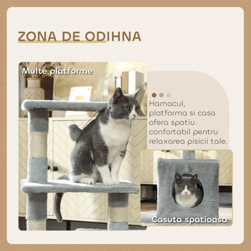 PawHut Șevalet de Zgâriat pentru Pisici cu Căsuță, 2 Platforme și Minge Gri