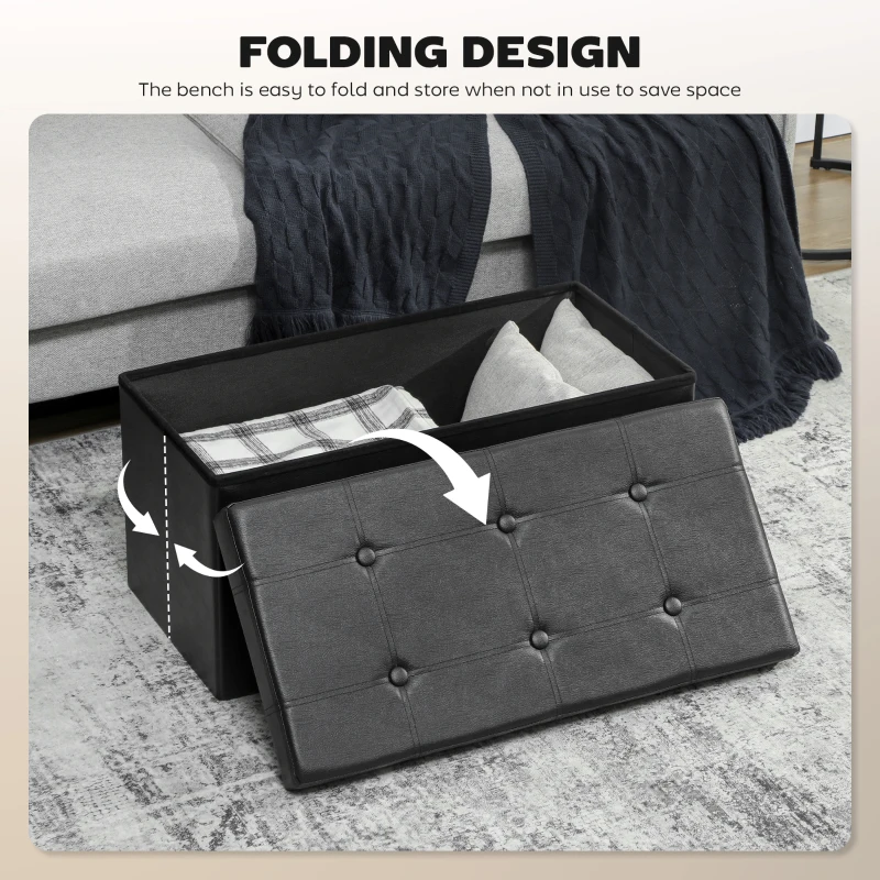 HOMCOM Storage Ottoman Bench, 89L PU Leather Folding Foot Rest Stool, End of Bed Bench, Easy Assembly, for Living Room, Bedroom, Entryway, Black