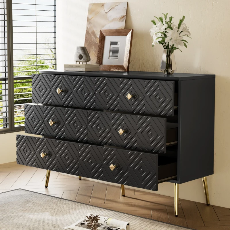 Cassettiera a 6 cassetti, con motivo geometrico e maniglie a forma di diamante, per camera da letto e soggiorno, 120x40x80 cm, Nero