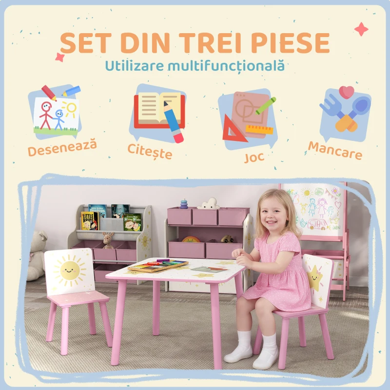 AIYAPLAY Set de 3 piese cu masă și scaune pentru copii, Masă cu 2 scaune pentru dormitor, grădiniță, sală de jocuri, Roz