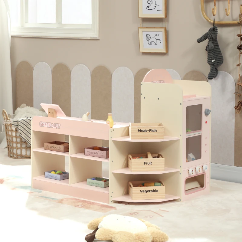 AIYAPLAY Supermarché pour enfant, marchande en bois, caisse enregistreuse, distributeur et accessoires, 90,7x60x73,8cm, vert
