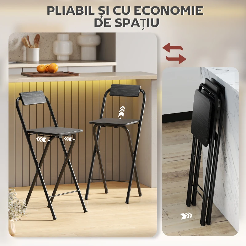 HOMCOM Set 2 Scaune de Bucătărie Pliabile cu Suport pentru Picioare din MDF și Oțel Negru