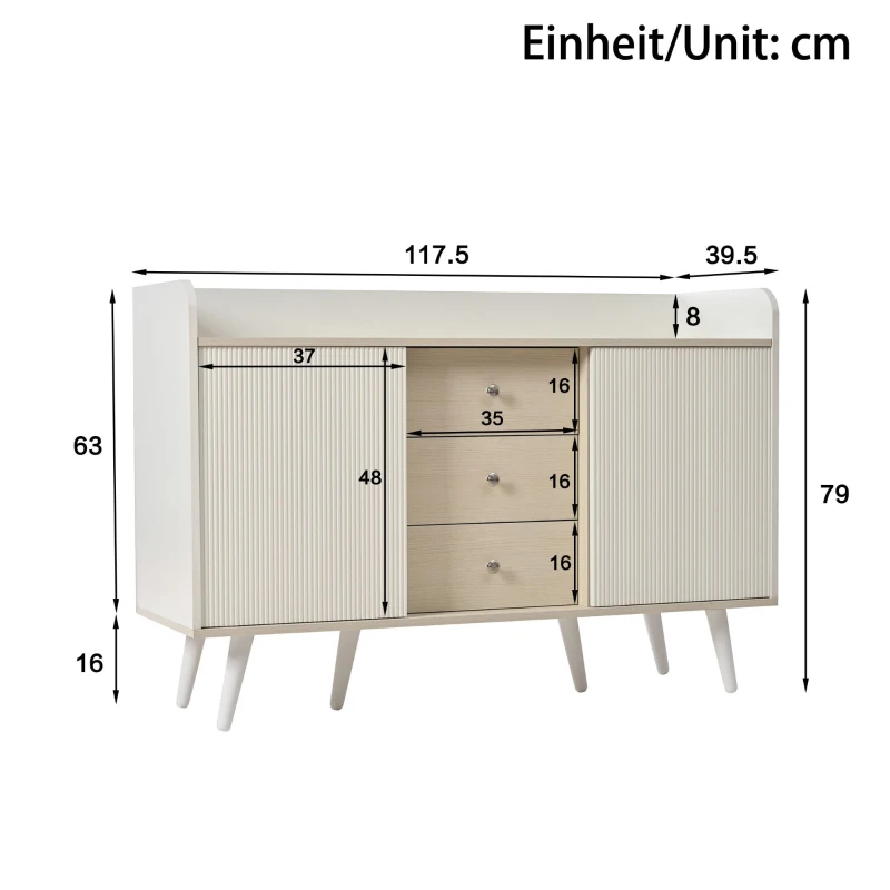 Credenza con 3 cassetti, ante scorrevoli a righe, 117,5x39,5x79 cm, Bianco