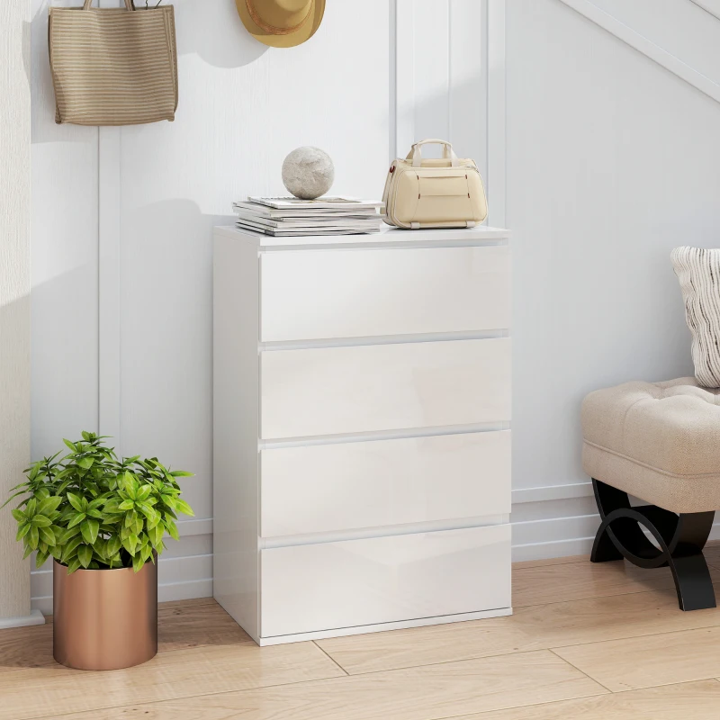HOMCOM High Gloss Chest of Drawers, 4-Drawer Storage Cabinets, Modern Dresser for Bedroom, White