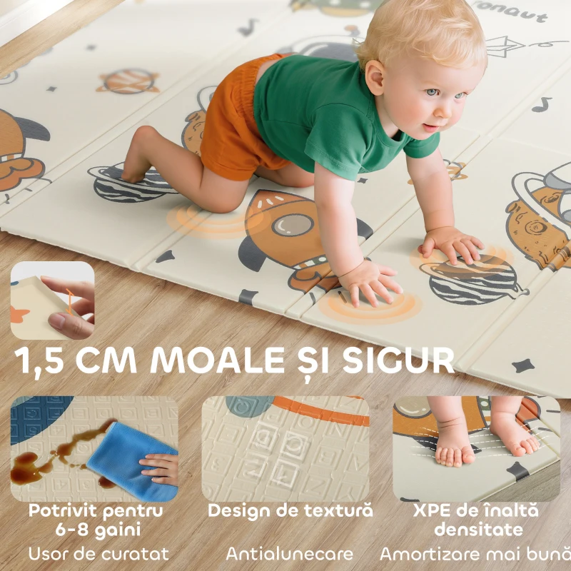 AIYAPLAY Covoraș pentru bebeluși față-verso, covoraș pentru târâre, temă astronauți și planete.