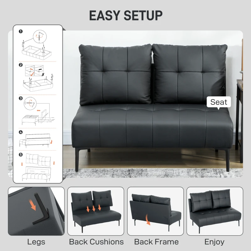 HOMCOM Canapea cu Două Locuri Fără Brațe în Piele Sintetică Capitonată cu Nasturi Negru