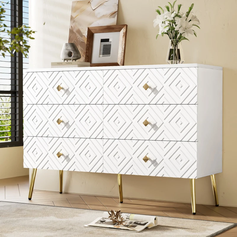 Cassettiera a 6 cassetti, con motivo geometrico e maniglie a forma di diamante, per camera da letto e soggiorno, 120x40x80 cm, Bianco