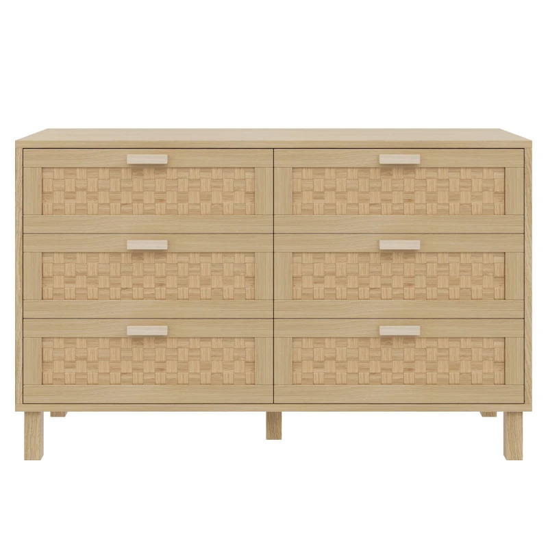 Credenza con sei cassetti in rattan, versatile armadio per la camera da letto con ampio spazio contenitivo, 120x40x75 cm, Colore naturale