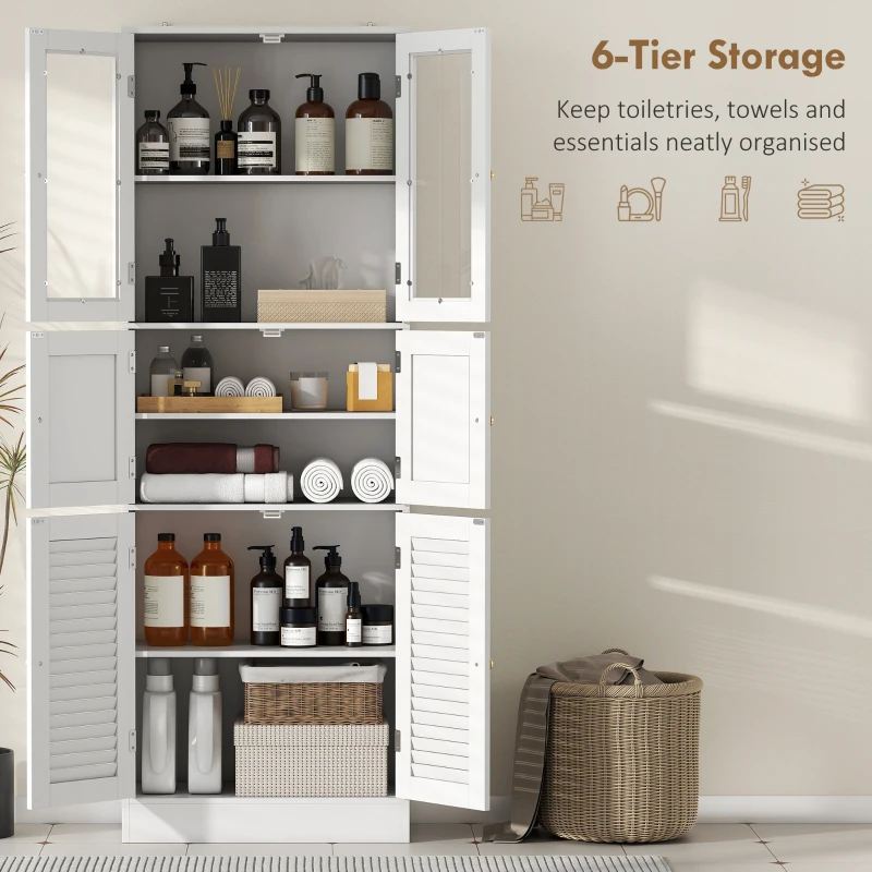 HOMCOM Dulap pentru baie cu 3 compartimente și 2 uși din sticlă și lemn, rafturi reglabile, 60x30x170 cm, alb