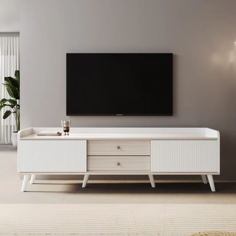Mobile TV con 2 cassetti, ante scorrevoli a righe e gambe in legno robuste, 160x40x58 cm, Bianco