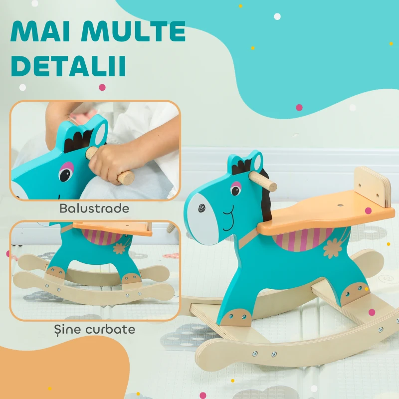 AIYAPLAY Cal de Lemn în Formă de Măgar pentru Copii cu Bază Largă, din Lemn, 59x27x43 cm, Verde Închis și Portocaliu