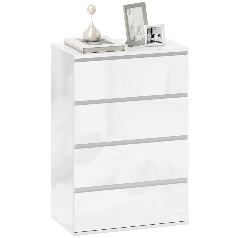HOMCOM High Gloss Chest of Drawers, 4-Drawer Storage Cabinets, Modern Dresser for Bedroom, White