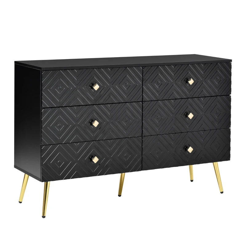 Cassettiera a 6 cassetti, con motivo geometrico e maniglie a forma di diamante, per camera da letto e soggiorno, 120x40x80 cm, Nero