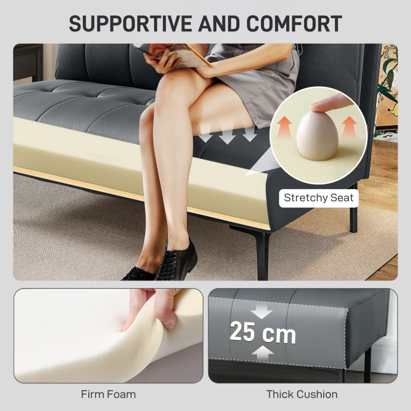 HOMCOM Canapea cu Două Locuri Fără Brațe în Piele Sintetică Capitonată cu Nasturi Negru