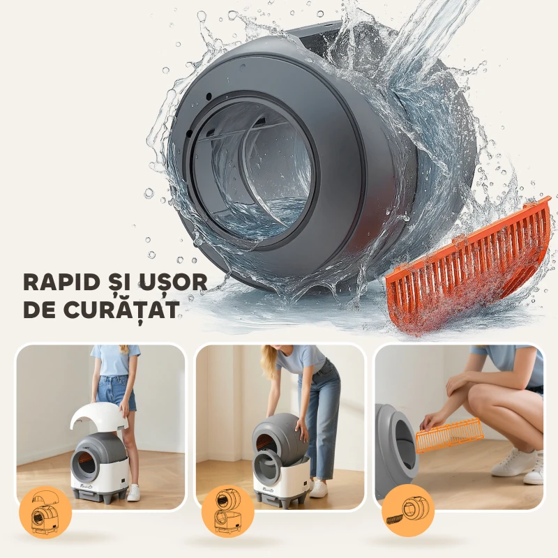 PawHut Litiera auto-curățătoare de 80L pentru Pisici 1-5 kg din PP Alb și Gri