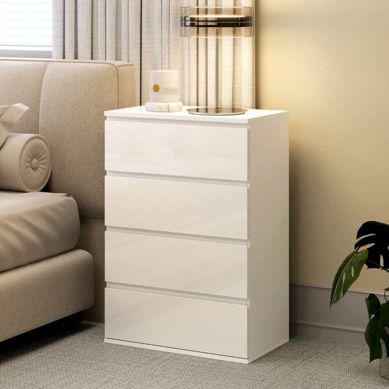 HOMCOM High Gloss Chest of Drawers, 4-Drawer Storage Cabinets, Modern Dresser for Bedroom, White