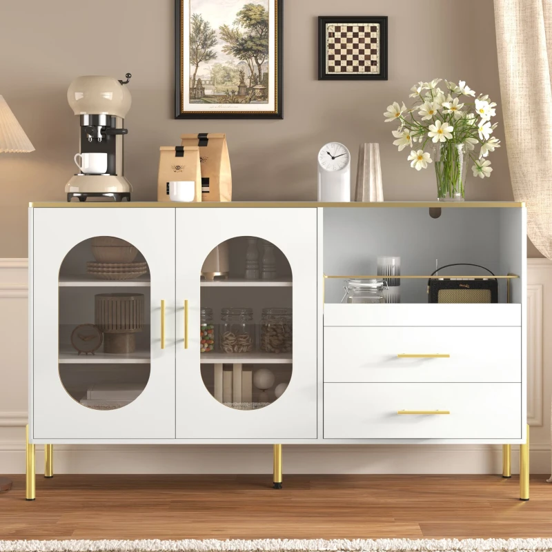 Credenza con 2 cassetti e 2 ante in vetro, ampio vano contenitivo, 140x38x90 cm, Bianco