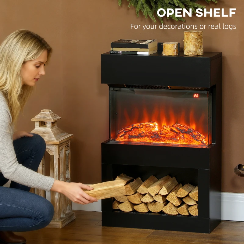 HOMCOM 19" Electric Fireplace with Surround, 3D Flame Effect, 6 Colours & 3 Brightness Levels, 1000W/2000W Black Electric Fire and Mantel Reach up to 30㎡ Space with Remote & Timer, 3 Sided View