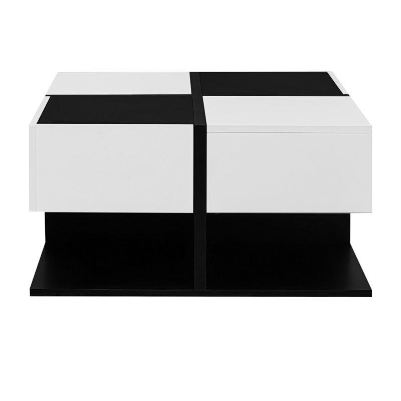 Tavolino da salotto con 2 cassetti, tavolino quadrato da soggiorno con vano contenitore, 70x70x35,5 cm, Nero+Bianco