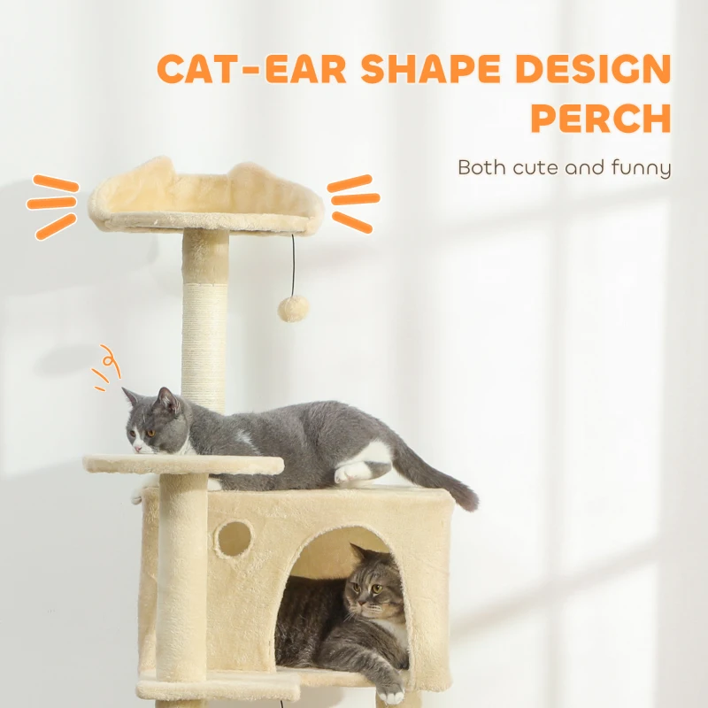 PawHut 180cm Large Cat Tree Tower with Sisal Scratching Posts, Condos, Plush Perches, Hammock, Ladder, Beige