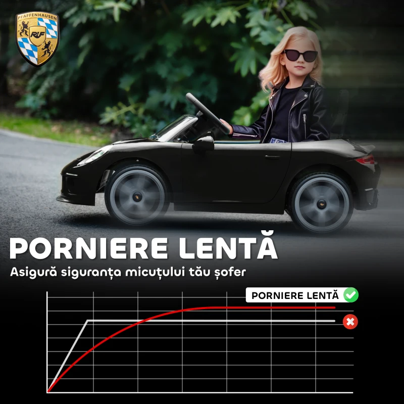 AIYAPLAY Mașină pentru Copii 3-5 Ani cu Licență Oficială RUF GT, Telecomandă, Centură de Siguranță și Muzică, Negru