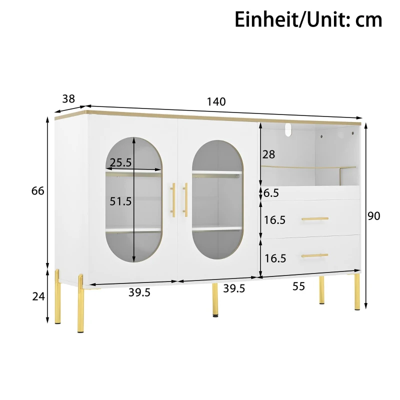 Credenza con 2 cassetti e 2 ante in vetro, ampio vano contenitivo, 140x38x90 cm, Bianco