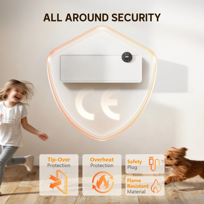 HOMCOM Încălzitor Electric 2000W de Perete cu 3 Moduri, Temperatura Reglabilă, Timer și Telecomandă, Alb