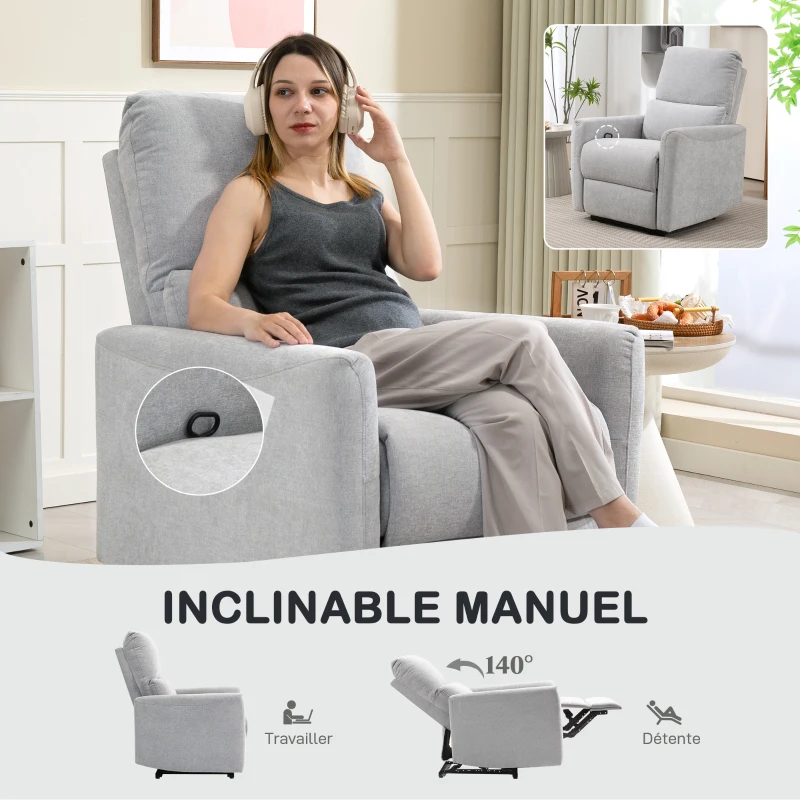 HOMCOM Fauteuil inclinable fauteuil relax manuel dossier et repose-pieds réglables, assise rembourré, tissu en lin, gris