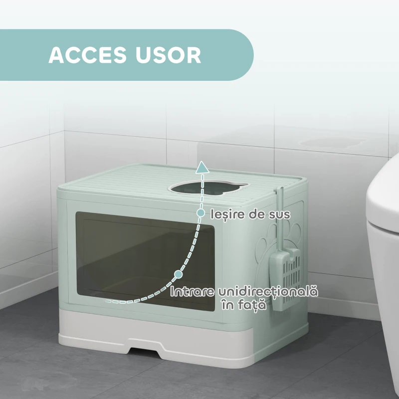 PawHut Litieră de nisip pentru pisici cu Capac, Intrare Dublă, Sertar, Lopățică, Verde