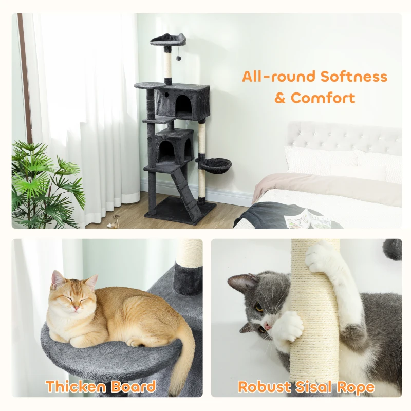 PawHut 180cm Large Cat Tree Tower with Sisal Scratching Posts, Condos, Plush Perches, Hammock, Ladder, Dark Grey