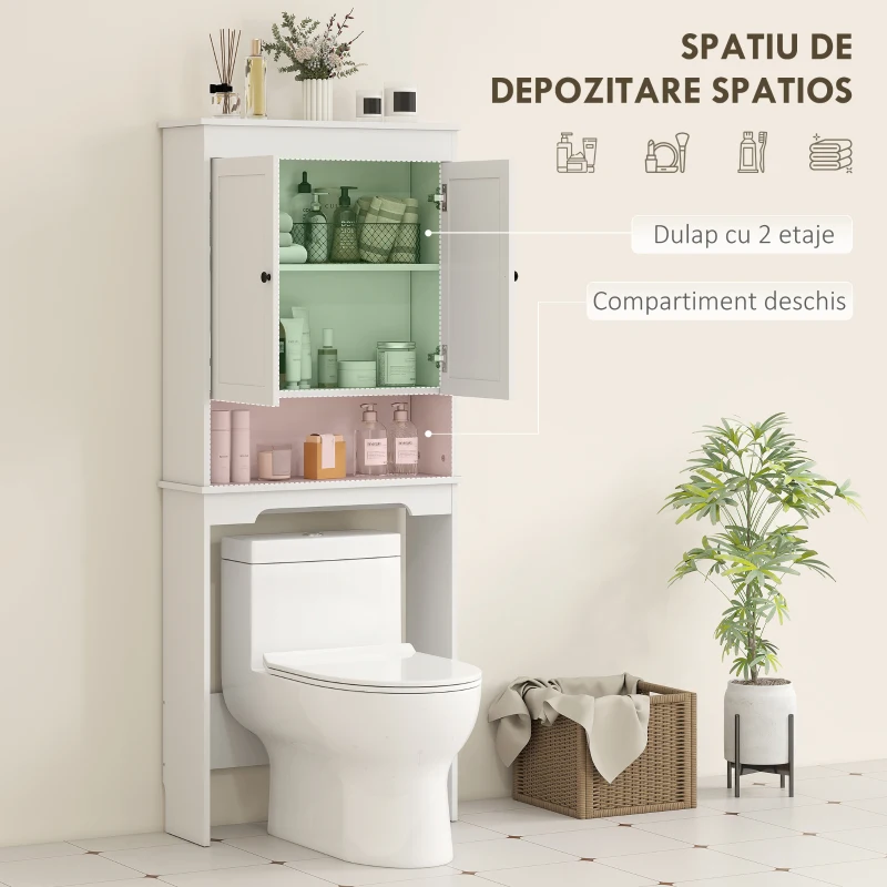 HOMCOM Dulap Peste WC cu 2 Rafturi Închise și Raft Deschis, Alb