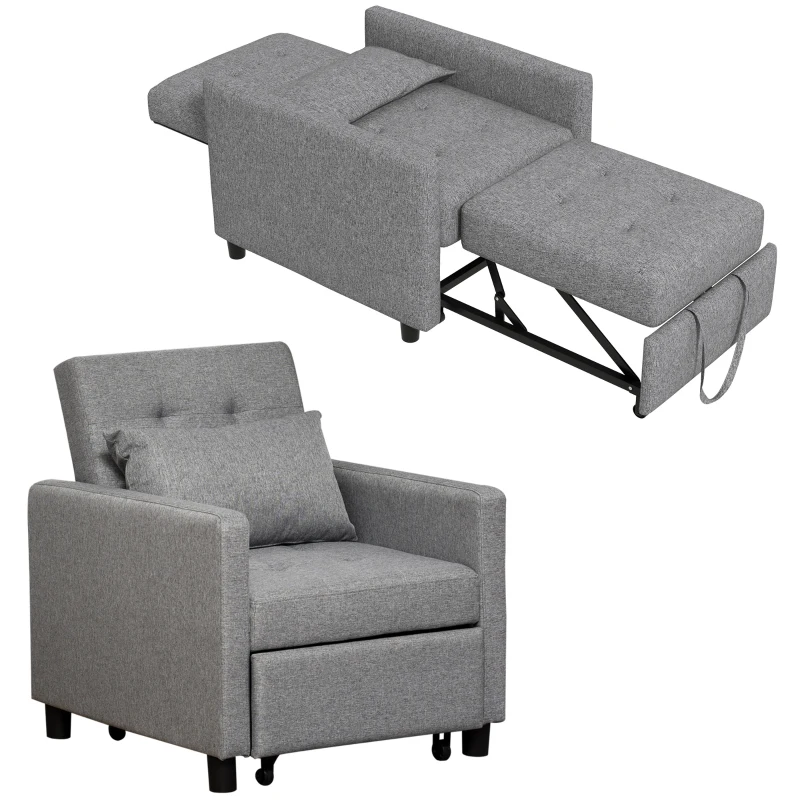 HOMCOM Sofá Cama de 1 Plaza Tapizado en Lino con Respaldo Ajustable de 3 Niveles y Almohada Acolchada 69x82,5x84 cm Gris