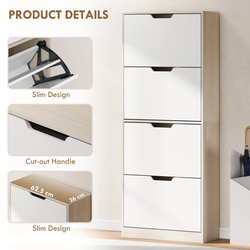 HOMCOM Dulap Subțire pentru Pantofi cu 4 Sertare pentru 16 de Perechi de Pantofi 62.5x26x156 cm, Culoare Lemn și Alb